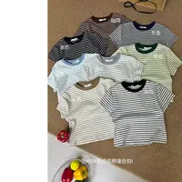 【小个子】秋季休闲条纹纯棉撞色短袖T恤565