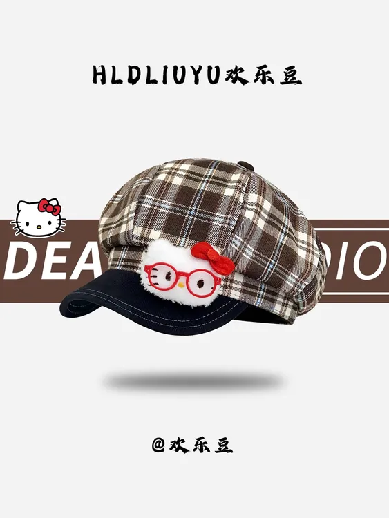 可爱KT猫格纹八角帽子女夏季甜美百搭大头围拍照显脸小云朵贝雷帽