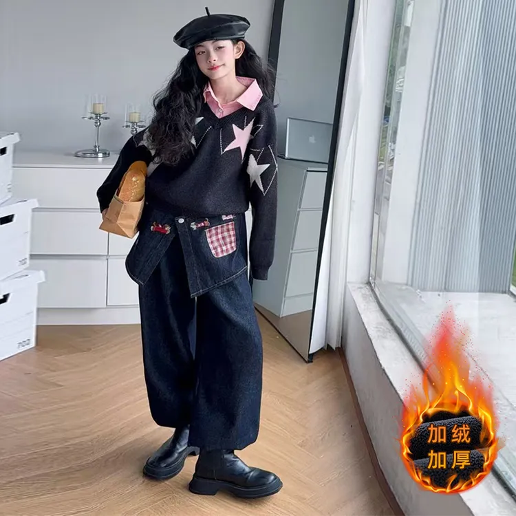 【酷哒仔】女童五角星毛衣加绒牛仔裤子两件套装2025秋冬装中大童潮