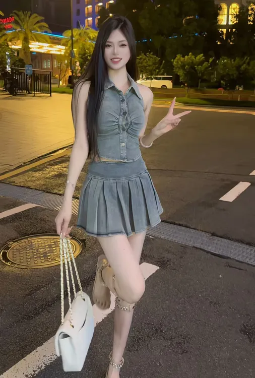 夏季新款 韩系设计感polo领绑带背心+百褶半身裙两件套套装