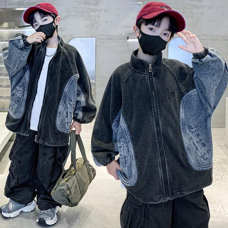 儿童牛仔洋气时尚休闲男孩帅气潮酷外套韩版春秋拼色男童中大童