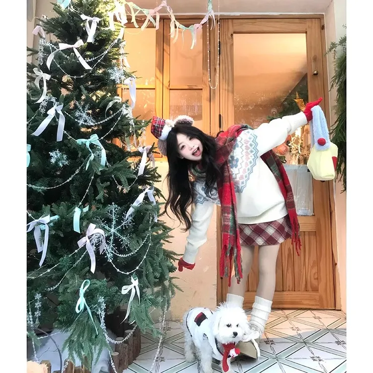 宽松型费尔岛花卉提花甜美毛衣女秋冬季圆领氛围感软糯宽松针织衫