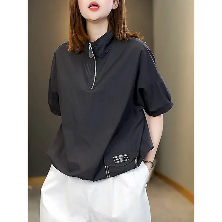 半拉链立领时尚短袖衬衫女夏季2025年新款设计感抽绳宽松休闲上衣