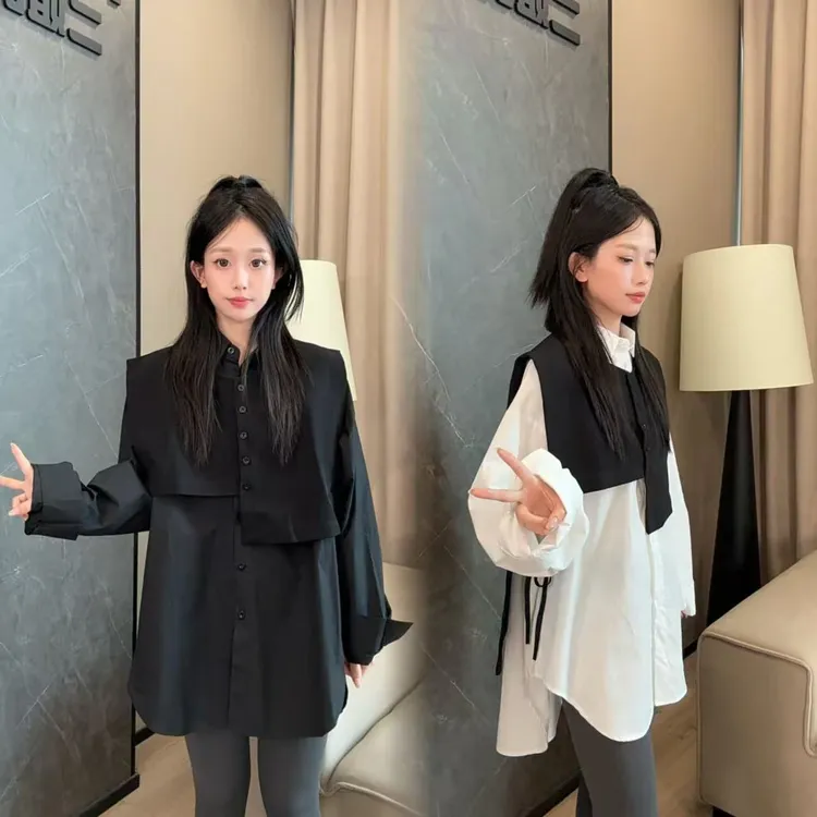 二姐的宝藏早秋新款时尚简约小众设计感衬衫两件套马甲套装#25279
