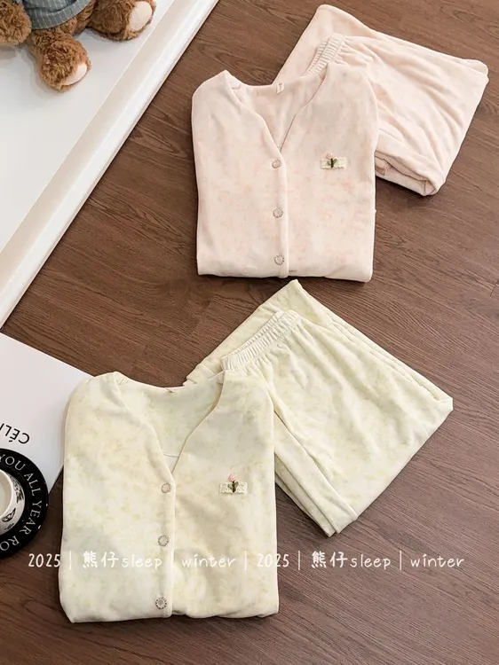 海岛绒睡衣女秋冬带口袋薄绒保暖贵气高级感大理石花纹家居服套装