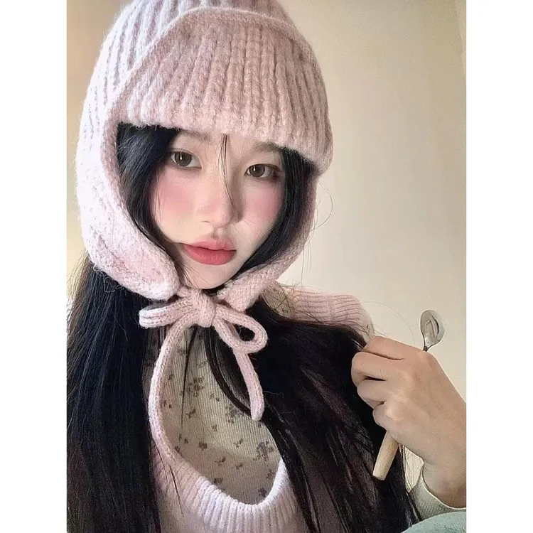 2025秋冬新款粉色护耳针织毛线帽子女大头围显脸小雷锋帽