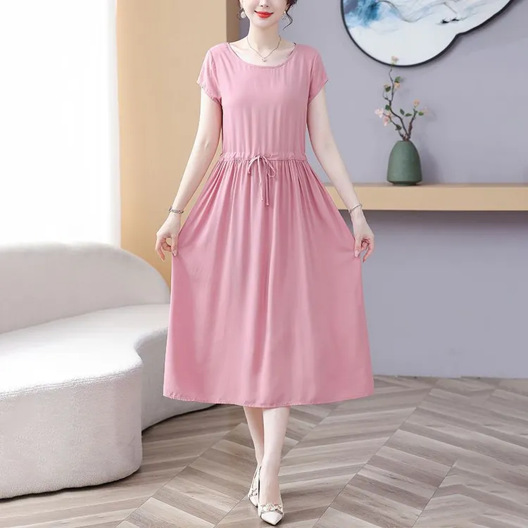 棉绸连衣裙女夏季人造棉新款时尚收腰显瘦短袖大码遮肚中长款裙子