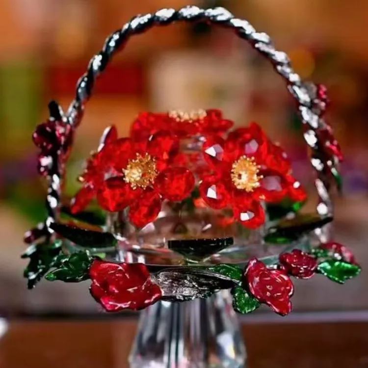 轻奢高档红色水晶珐琅花朵花篮摆件工艺品礼物送礼颜值摆件