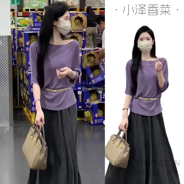 紫色不规则斜肩冰丝短袖针织T恤女夏季独特漂亮掐腰宽松露肩上衣