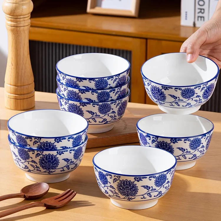 10个装5英寸青花陶瓷碗五福家用大号米饭碗釉下彩吃饭碗高颜值