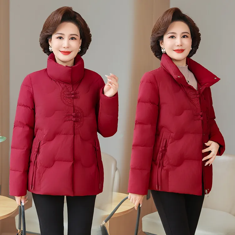 刺绣中国风棉服女短款长袖纯色极简风女士中年人冬季棉衣