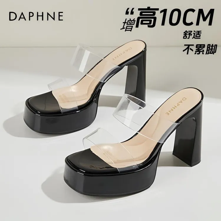 达芙妮方头粗跟高跟拖鞋女2025新款防水台外穿透明气质百搭一字拖