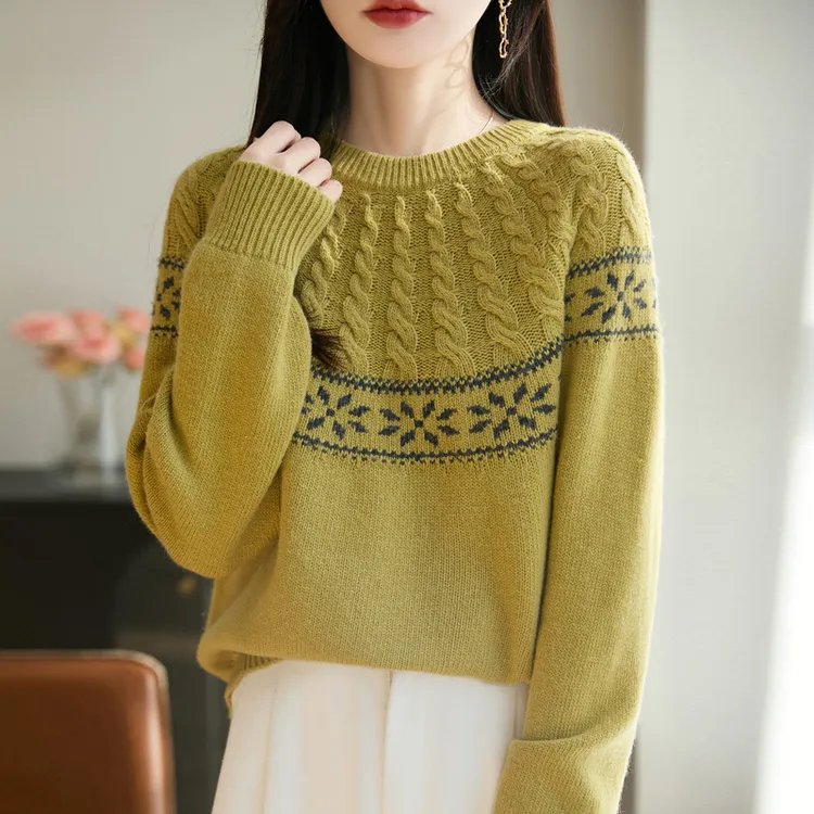 费尔岛提花圆领针织衫女套头毛衣复古上衣宽松加厚打底衫