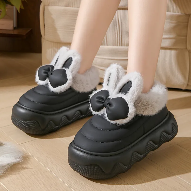 厚底包跟棉拖鞋女款室内可爱兔耳朵PU皮拖鞋冬季加绒保暖棉鞋外穿