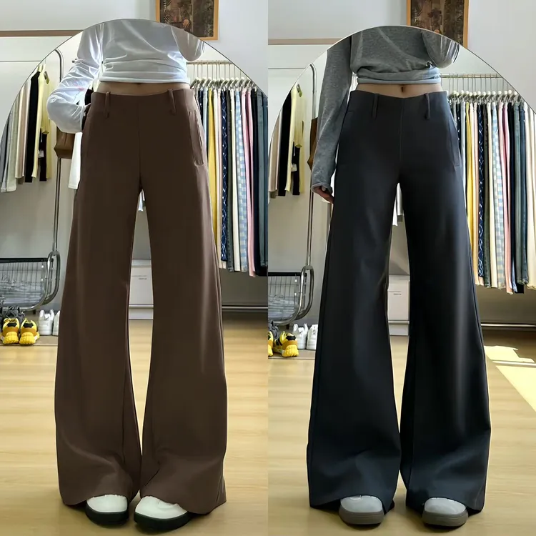 咖色微喇西装裤女秋2025新款V型低腰马蹄裤显瘦垂感阔腿喇叭裤子