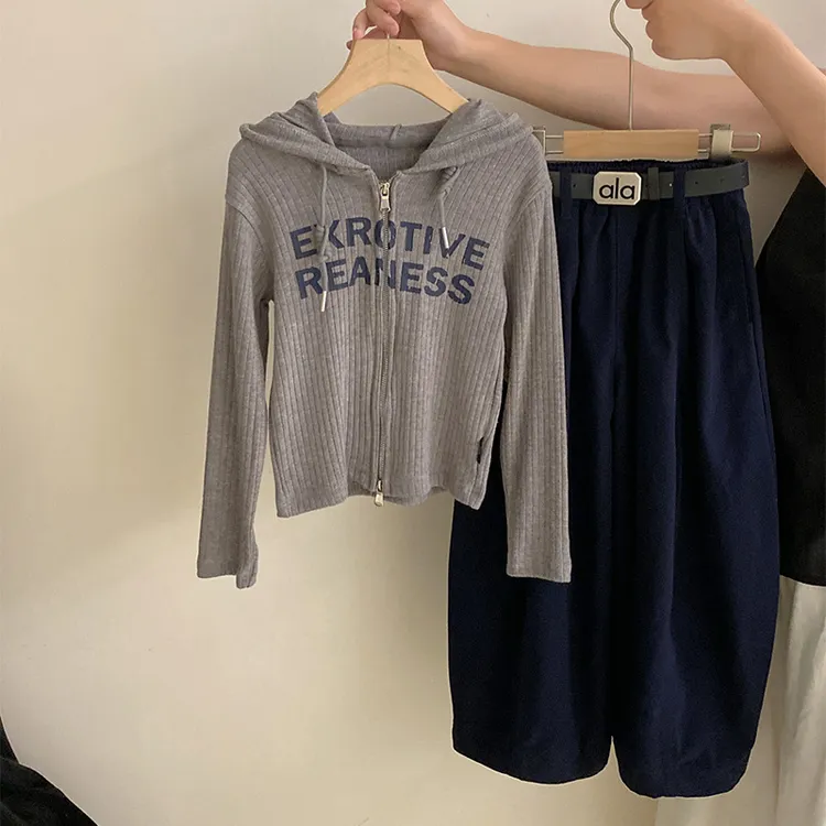 【安安家】女童韩版印花字母针织连帽外套秋季休闲裤两件套R25486