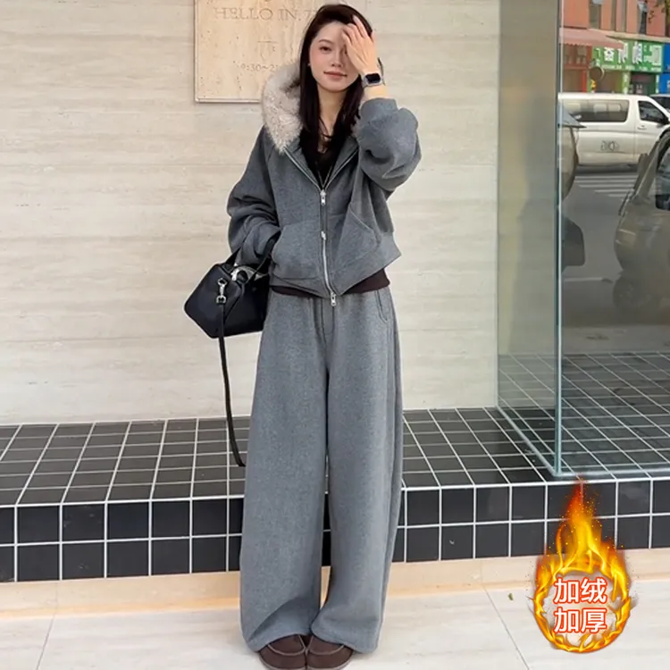 韩系大毛领连帽卫衣阔腿裤两件套女冬季新款加绒加厚休闲运动套装