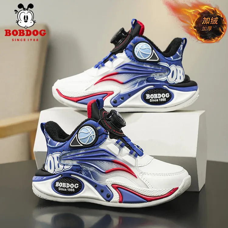 巴布豆男童运动鞋2025秋冬新款加绒二棉皮面防水儿童鞋男孩中大童