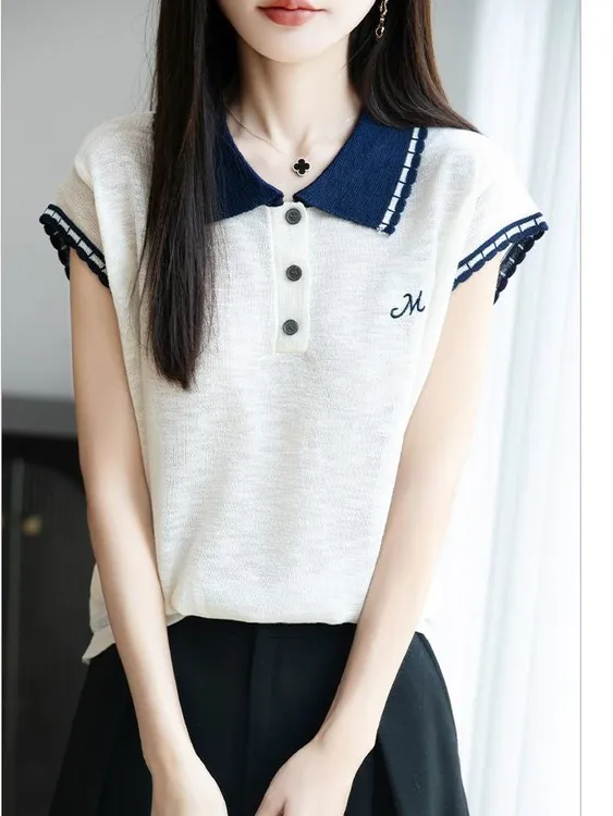 1377大码女装夏季新款条纹polo领设计感洋气针织衫韩系风短袖上衣