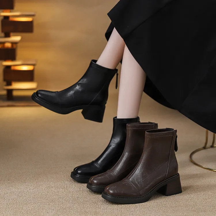 5CM粗跟韩版短靴女款2025新款爆款方头真皮百搭后拉链瘦瘦马丁靴