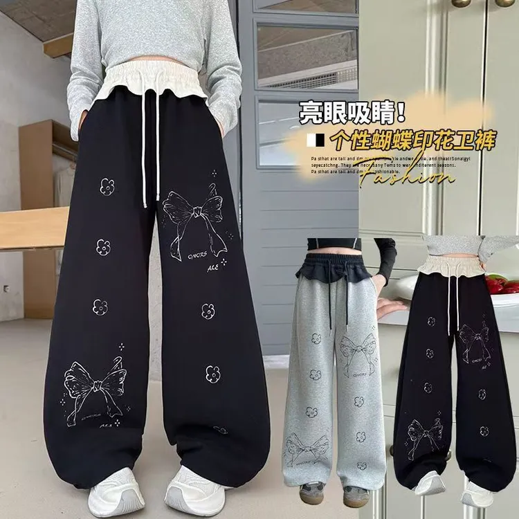 学贝萌2025新款女童蝴蝶印花卫裤春秋款休闲运动裤弯刀裤亲子款
