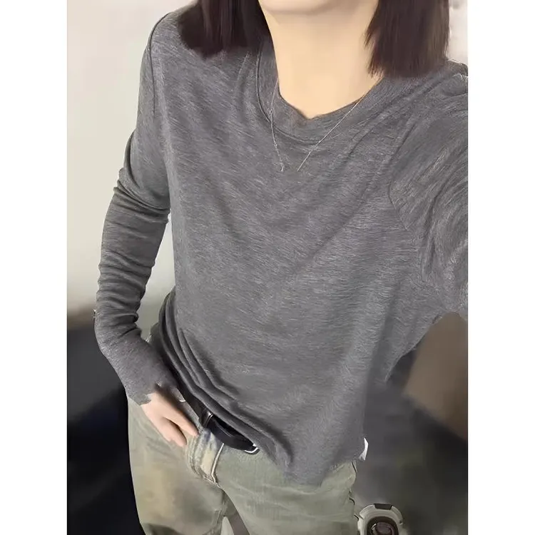 夏季灰色宽松洋气薄款长袖t恤女法式圆领内搭打底衫显瘦针织上衣