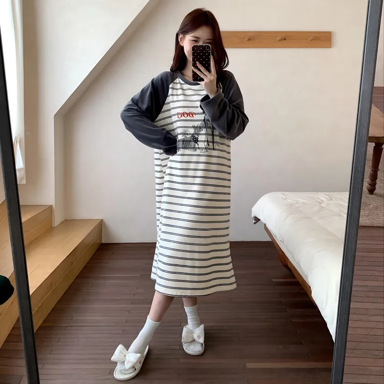 德绒圆领条纹睡裙女春秋冬两件套波点设计感可外穿轻奢家居服睡衣