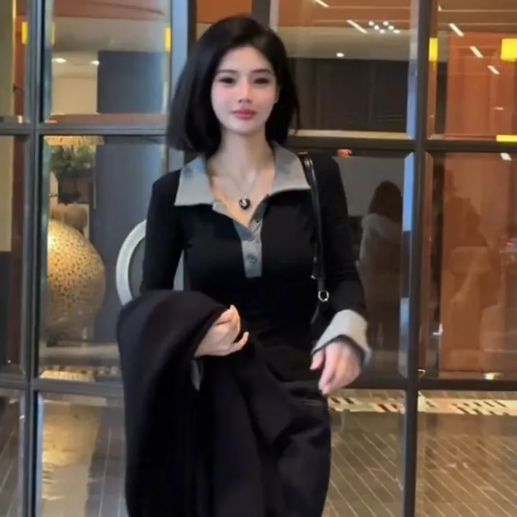 大码微胖MM正肩POLO长袖撞色T恤拼接春季新款修身显瘦运动打底衫