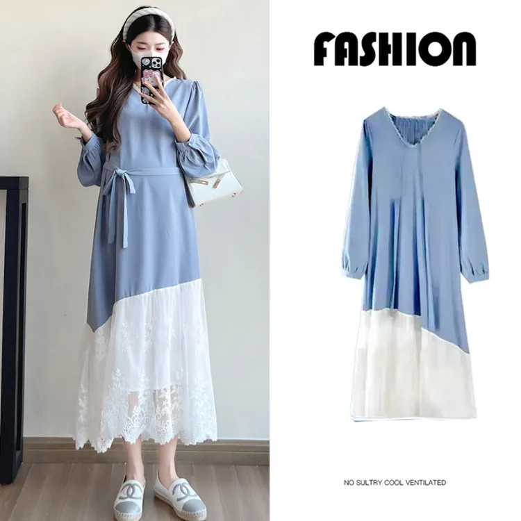 孕妇装2025春季韩系时尚法式赫本风宽松显瘦拼接蕾丝中长款连衣裙