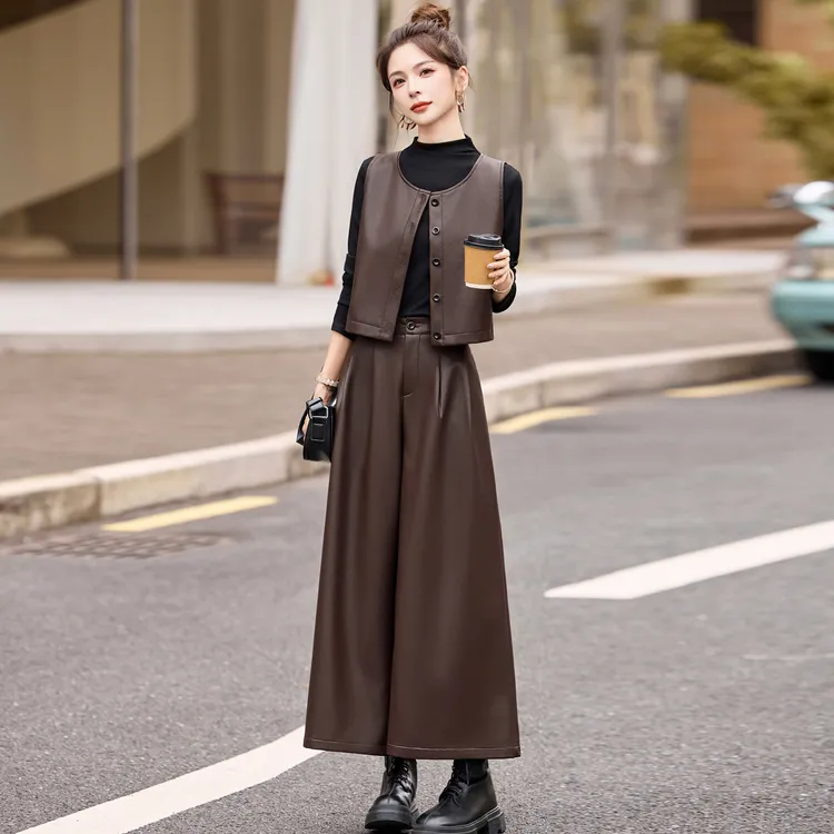 老钱风马甲皮衣阔腿裤套装女2025春秋新款气质休闲时尚洋气三件套