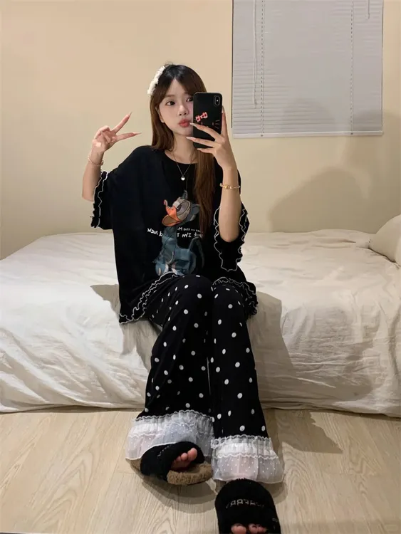 甜美可爱少女卡通唐老鸭印花短袖长裤睡衣夏季大码莫代尔套装