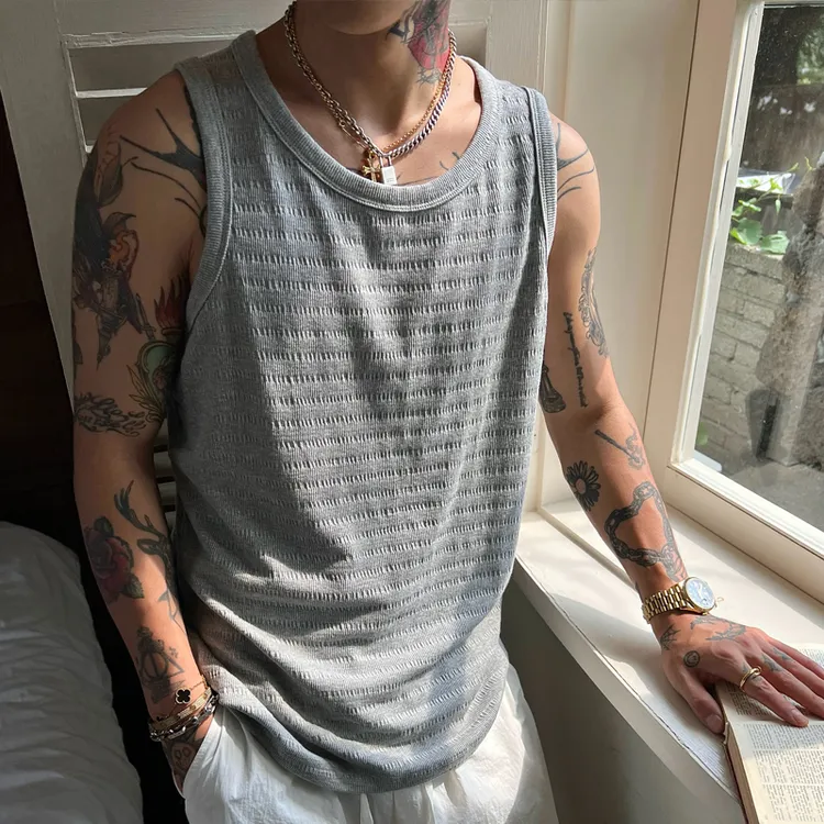 OXFREAK「老钱风 肌理感」240g纯色条纹背心男宽松高级感无袖t恤