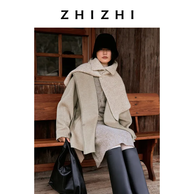 【悠然系列】致知 忆东坡 短款连帽拼皮羊毛大衣女25秋ZZ2EAWW1035