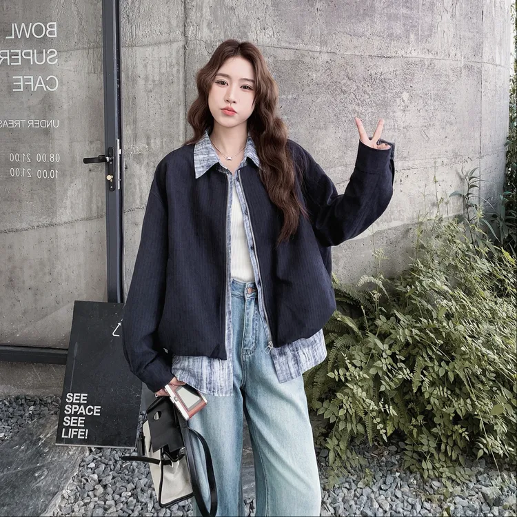 韩系慵懒风时髦显瘦上衣女2025秋季新款设计感撞色拼接酷飒外套