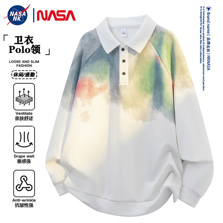 NASA联名扎染polo领卫衣男生秋季潮流休闲宽松青少年渐变打底上衣