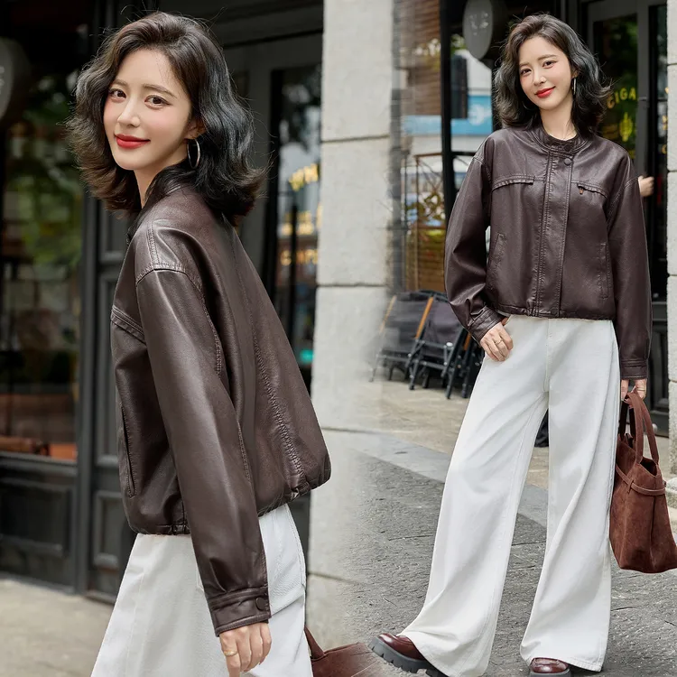 咖色复古小个子短款皮衣外套女春秋季新款酷飒风机车服皮夹克上衣