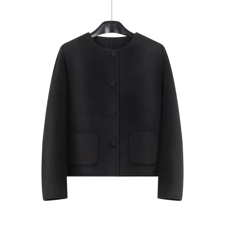 宿慕SUMU 12-10 2025款冬时尚单排布包扣款短款双面尼大衣0007