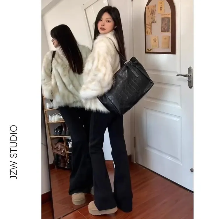 雪千羽黑色弹力微喇叭牛仔裤女春秋冬新款高腰宽松显瘦辣妹拖地裤