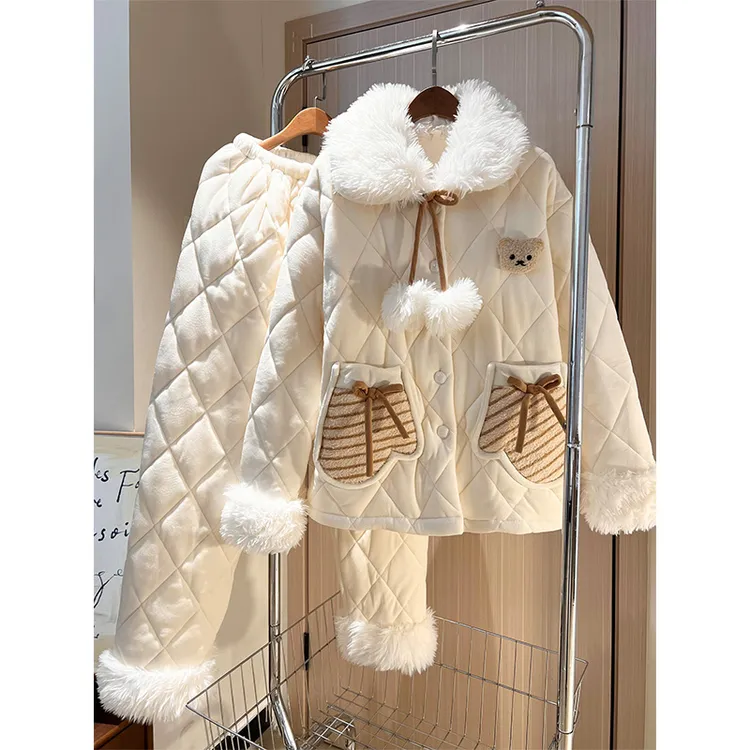 甜美可爱小熊毛绒夹棉睡衣女秋冬保暖棉袄休闲家居服套装可外穿