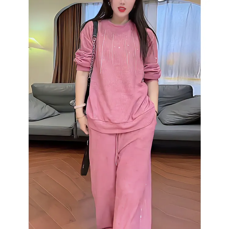 高级感时尚运动穿搭长裤秋季新款粉色套头圆领长袖卫衣两件套女装