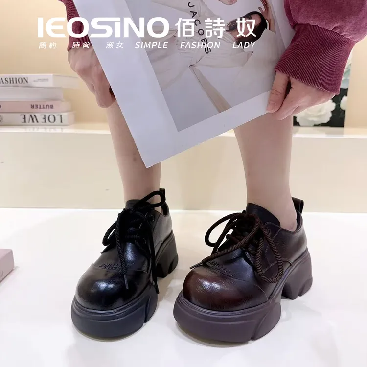 佰诗奴2026春款厚底粗跟乐福鞋女系带增高百搭小皮鞋197622731