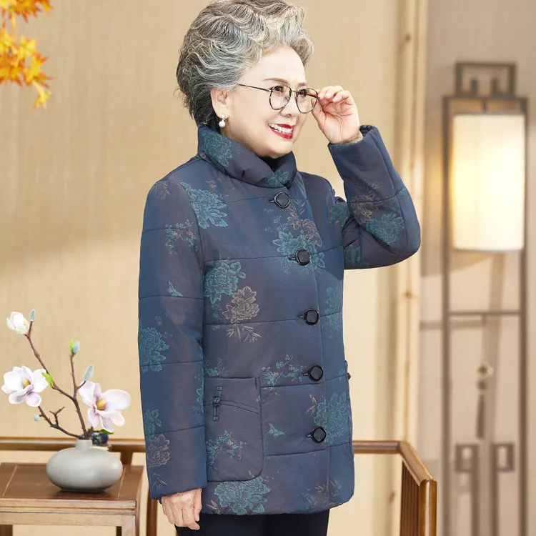 老年人冬装女加绒加厚棉服奶奶装国风宽松立领护脖子棉袄妈妈棉衣