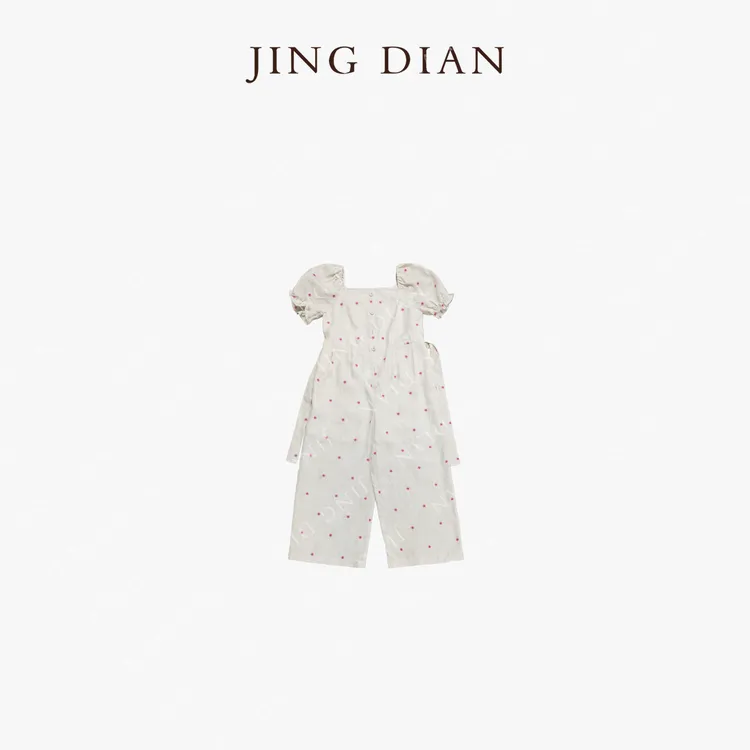 【JD】小众定制款米色刺绣红色小花亚麻连体裤