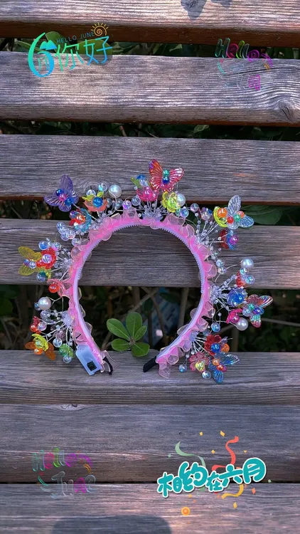 爆款珍珠版蝴蝶簪花仙子发箍精美暖灯发饰成品现货夏季摆件装饰品