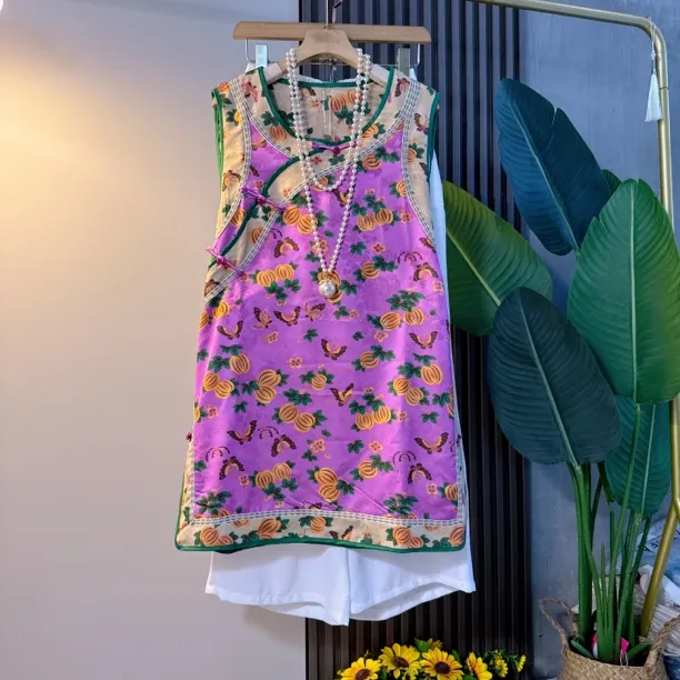 新中式夏季新款大码女装时尚复古国风盘扣拼接马甲