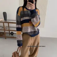 HB098秋新款慵懒风彩虹条纹撞色针织衫设计感显瘦长袖毛衣