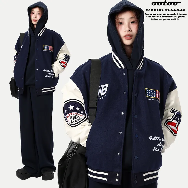 美式高街潮流痞帅情侣棒球服女加绒加厚国潮小众宽松开衫夹克外套
