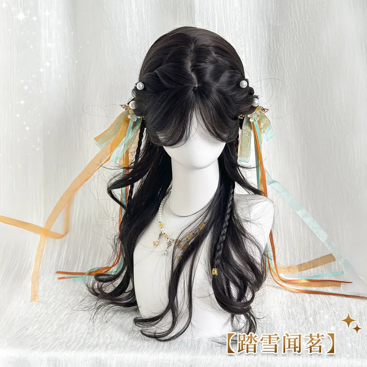 【踏雪闻茗】黛美假发女甜美古风双丸子头八字刘海长卷发全头套式