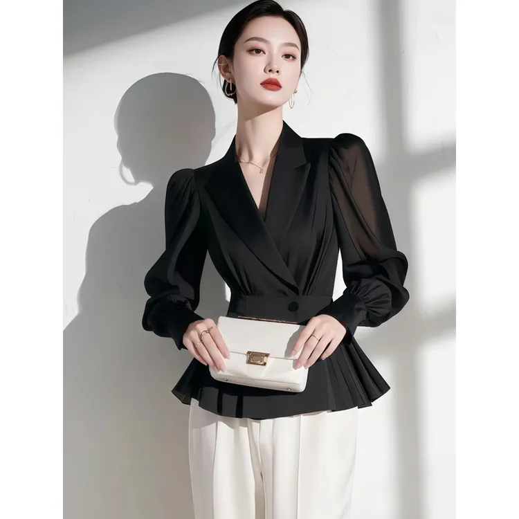 高端精致气质高级感黑色缎面衬衫女款2025年早春新款收腰内搭衬衣