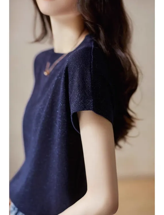 夏季闪亮鎏金纱针织短袖圆领宽松显瘦轻薄上衣百搭时尚休闲女款